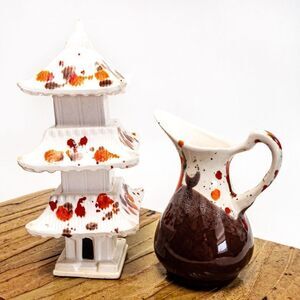VTG Splatter Pottery 3-Tier Pagoda and Cream Pitcher/Vase